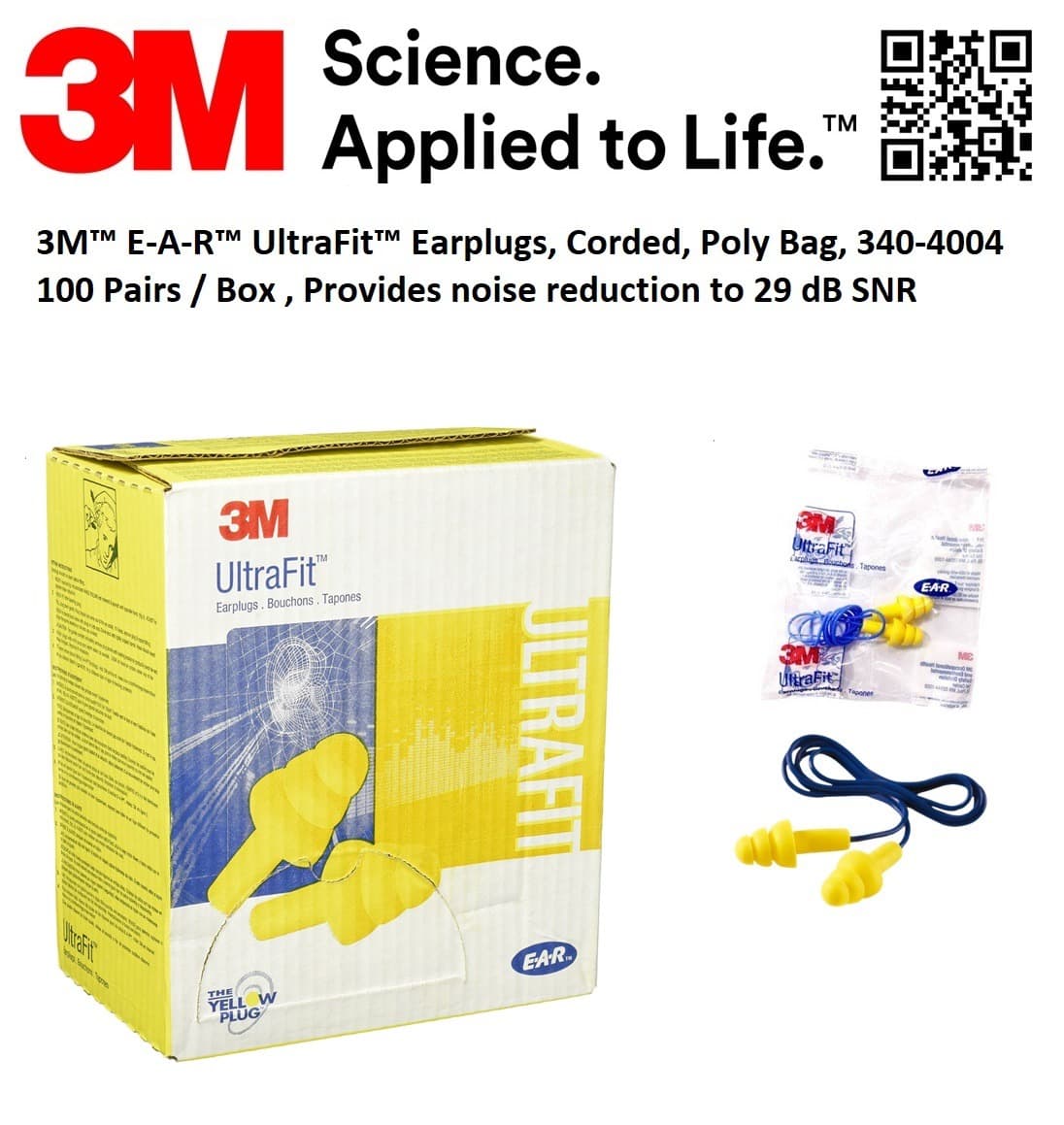 3M 3M™ E-A-R™ UltraFit™ Earplugs, Corded, 3M 340-4004, Poly Bag, 400 Pair/Case